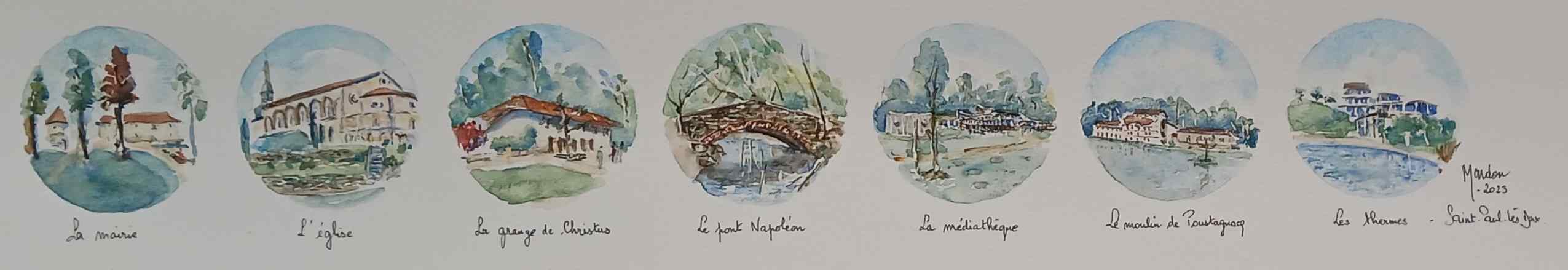 Aquarelle - Saint-Paul-lès-Dax - Mairie - Eglise - Grange - Christus - Pont romain - Médiathèque - Moulin - Pustagnac - Lac - Thermes