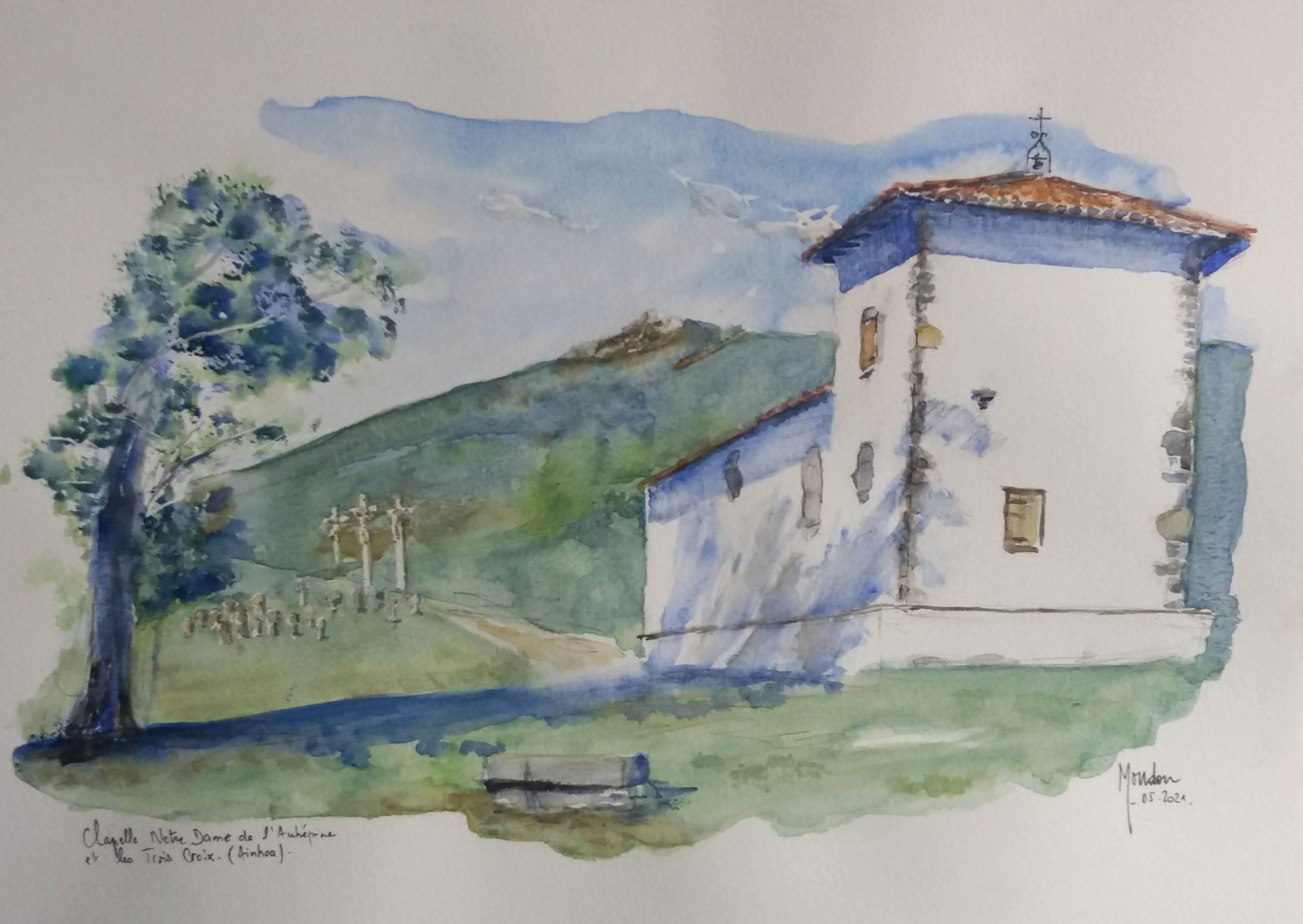 Aquarelle - Chapelle - Ainhoa - Pays Basque - Notre Dame de l'aubépine - Les trois croix