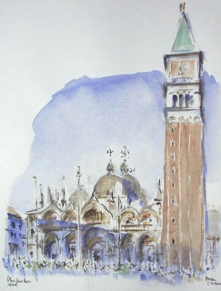 Aquarelle - Venise - Place Saint Marc - campanile - Basilique Saint-Marc - Italie
