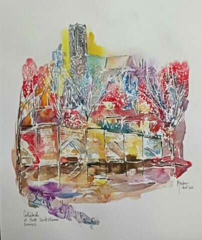 Aquarelle Cathédrale et pont Saint-Etienne toile contrecolléé L 28 cm x H 39 cm datée et signée d’avril 2026 Limoges - Aquarelle