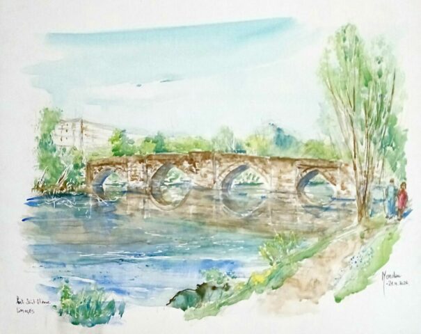 Aquarelle Pont Saint-Etienne toile contrecollée L 46 cm x H 38 cm datée et signée du 21 avril 2026 Aquarelle - Limoges - Pont Saint Etienne - Pont
