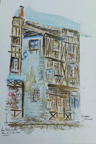 Aquarelle VENDUE Restaurant Les Petits Ventres L 24 cm x H 35 cm datée et signée du 24 mars 2026 Aquarelle - Restaurants - Les Petits Ventres - Rue de la boucherie - Limoges