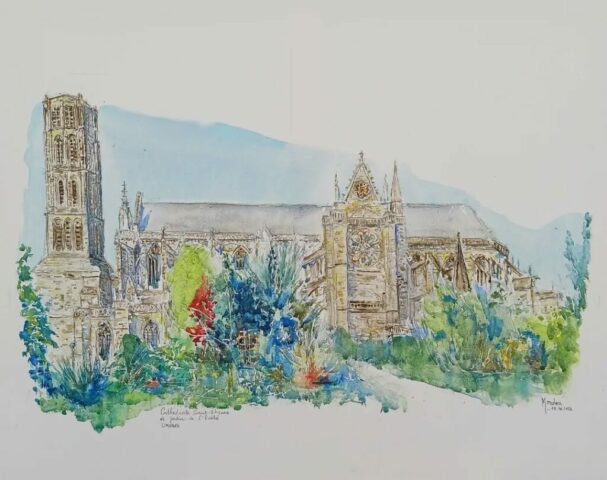 Aquarelle sur toile – Cathédrale Saint-Etienne et jardin de l'évêché – L 61 cm X H 50 cm datée et signée du 15 octobre 2025 Aquarelle - Limoges - Cathédrale Saint-Etienne - jardin - évêché