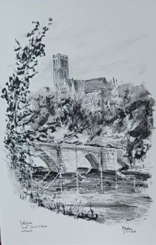 Encre de Chine noire Cathédrale et Pont Saint-Etienne L 28 cm x H 41 cm datée et signée du 21 mai 2026 Limoges - Encre de Chine