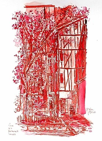 Encre de Chine sanguine sur papier Place de la Barreyrette L 26 cm x H 39 cm datée et signée du 17 avril 2026 Limoges - Encre de Chine -