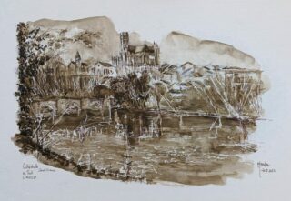 Limoges – Cathedrale et Pont Saint-Etienne – Aquarelle et encre de Chine sépia – 25-02-2025